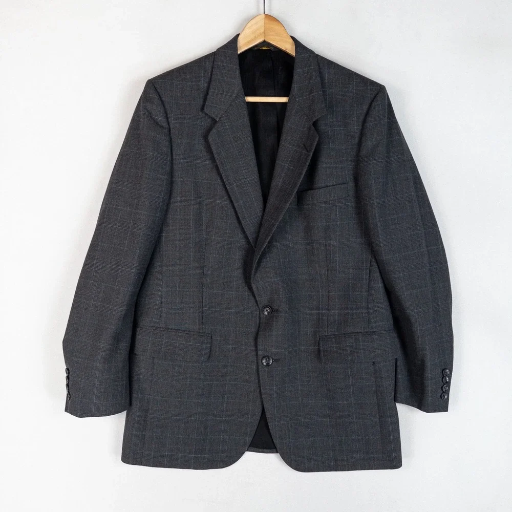 Halston Mens Blazer 40R Charcoal Gray Glen Plaid 2-Button Sport Coat Jacket